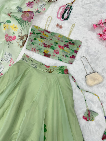 Wedding Wear Green Color Pure Organza Silk Floral Printed 8 Meter Flair Lehenga Choli
