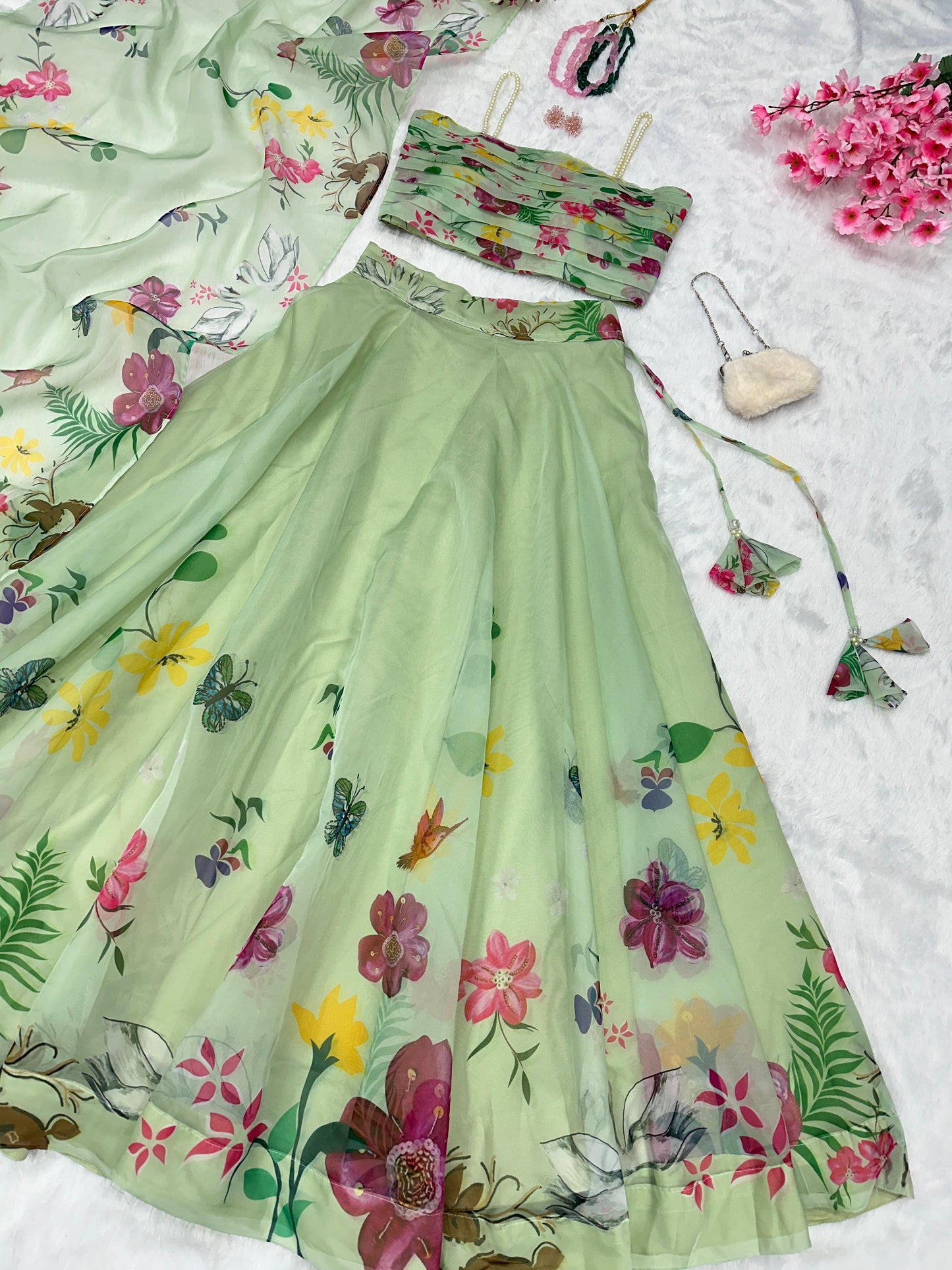 Wedding Wear Green Color Pure Organza Silk Floral Printed 8 Meter Flair Lehenga Choli