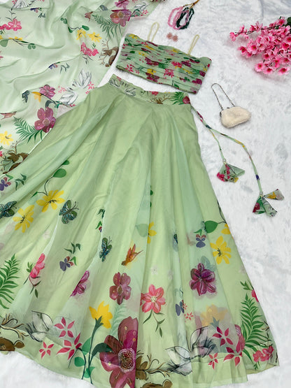 Wedding Wear Green Color Pure Organza Silk Floral Printed 8 Meter Flair Lehenga Choli