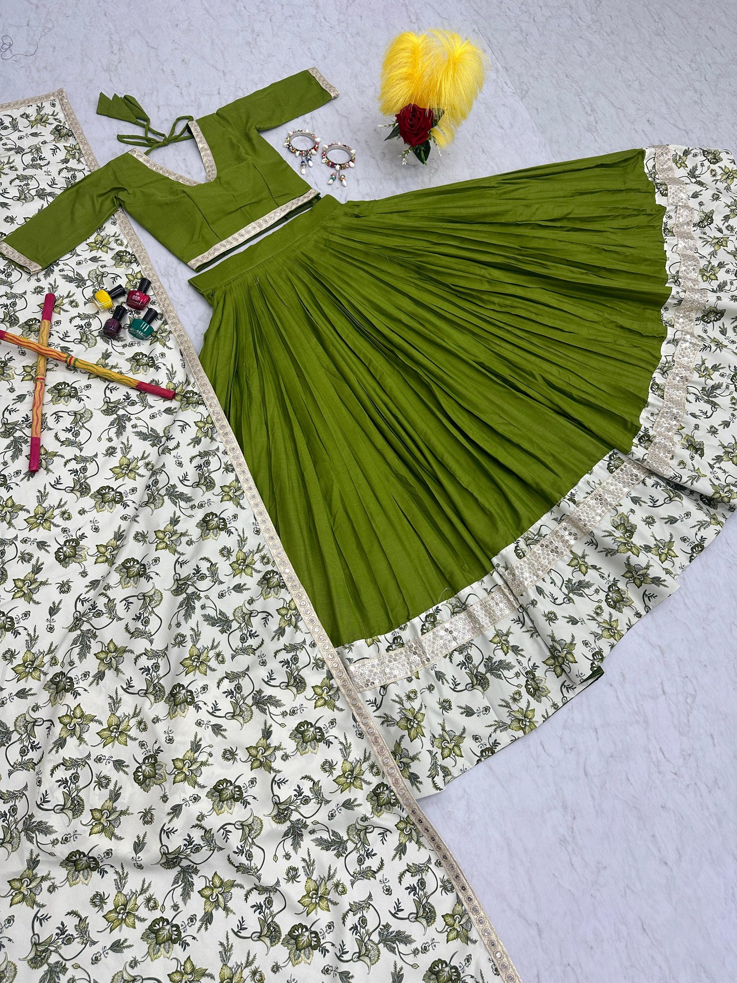 Traditional Wear Green Color Pure Cotton Sequence Work Navratri Lehenga Choli
