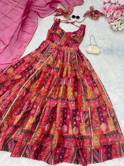 Reception Wear Multi Color Pure Jimmy Organza Silk Digital Printed Padded Gown
