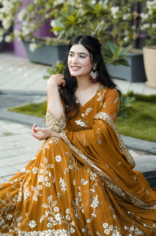 Festive Wear Mustard Color Sequence Work Anarkali Suit