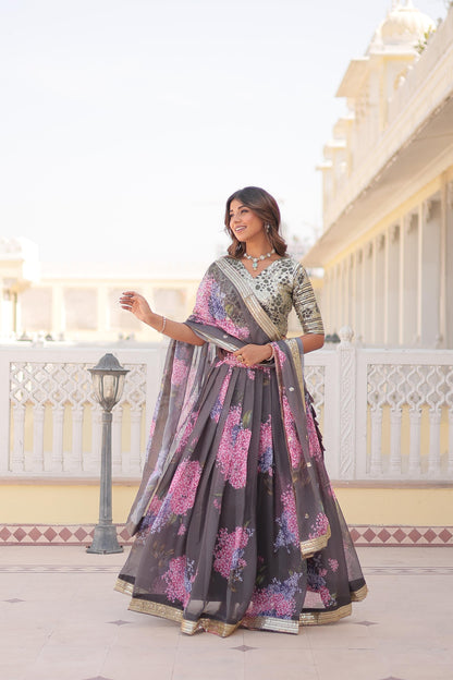 Party Wear Grey Color Digital Printed Russian Silk With Sequins Embroidered Work Lehenga Choli