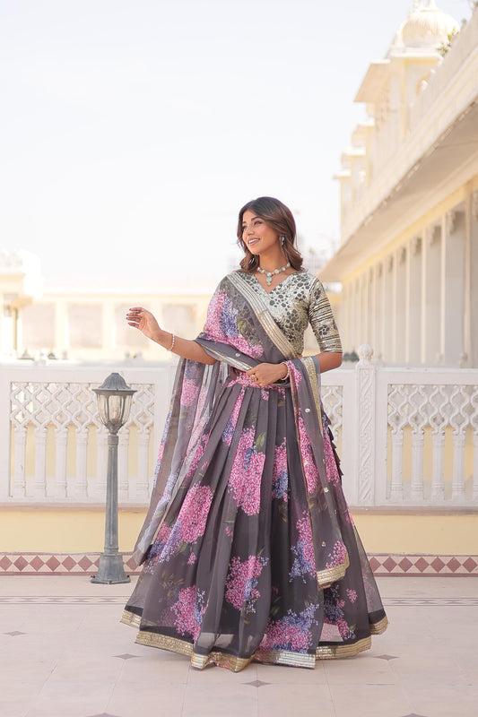 Party Wear Grey Color Digital Printed Russian Silk With Sequins Embroidered Work Lehenga Choli