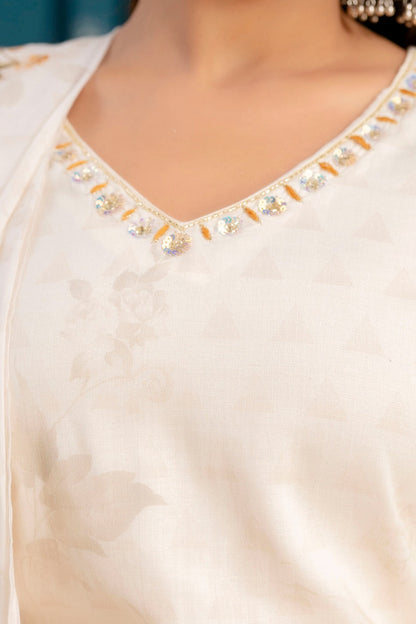 Pretty Cream Color Cotton With Hand Work And Digital Printed Kurta Set With Dupatta