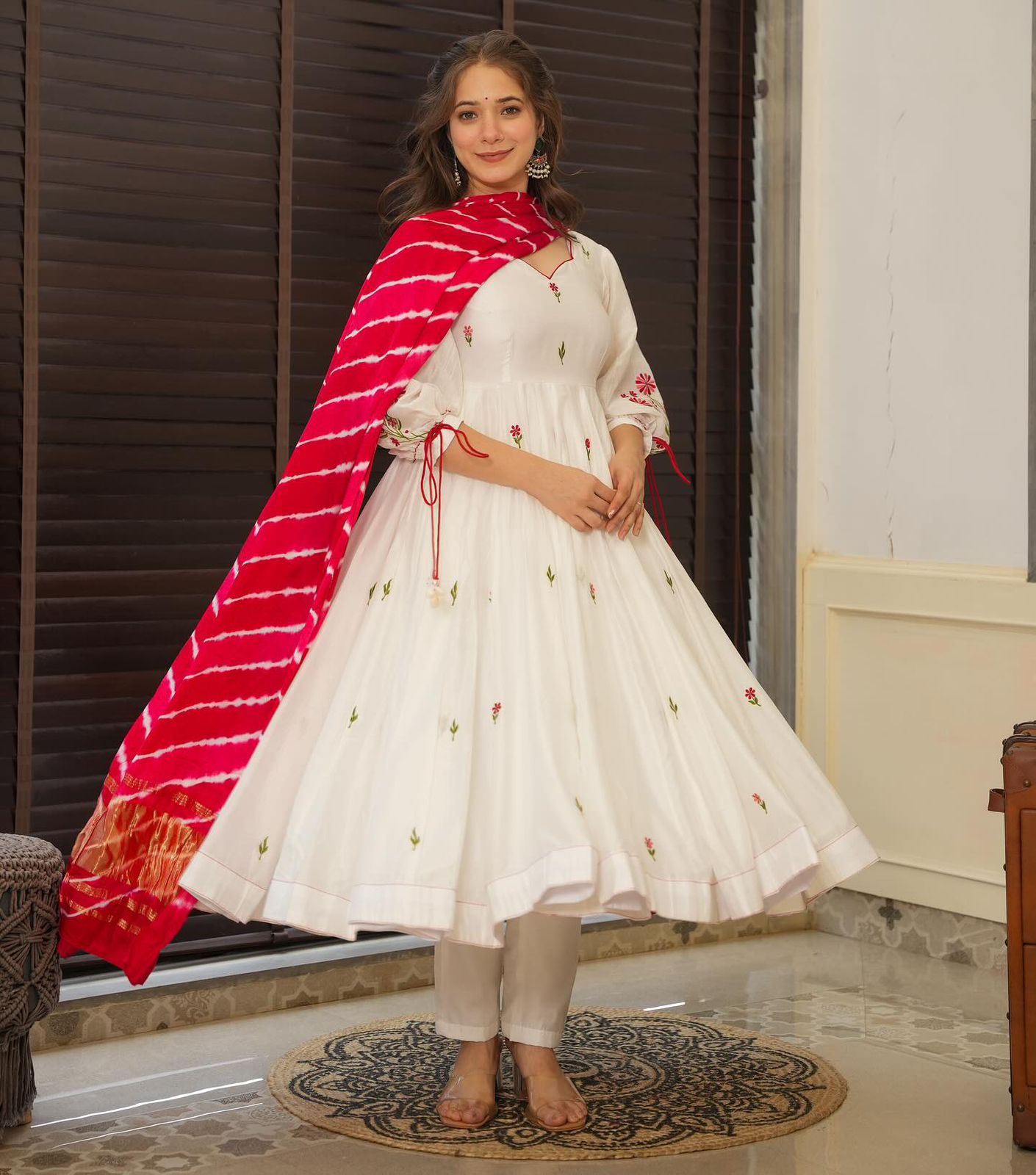 Engagement Wear White Color Embroidery Work Butta Georgette With Huge Flair Anarkali Suit