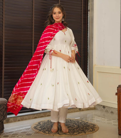 Engagement Wear White Color Embroidery Work Butta Georgette With Huge Flair Anarkali Suit