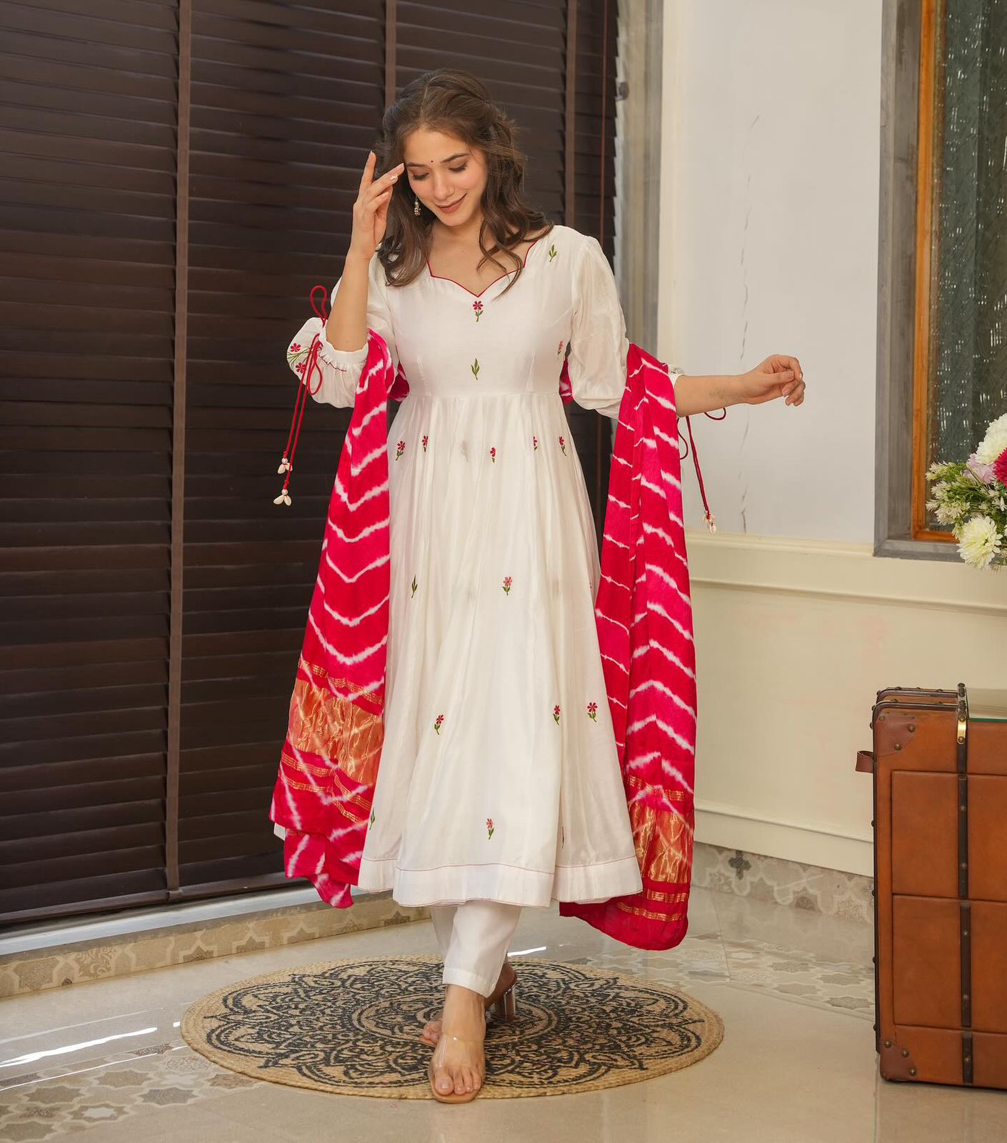 Engagement Wear White Color Embroidery Work Butta Georgette With Huge Flair Anarkali Suit