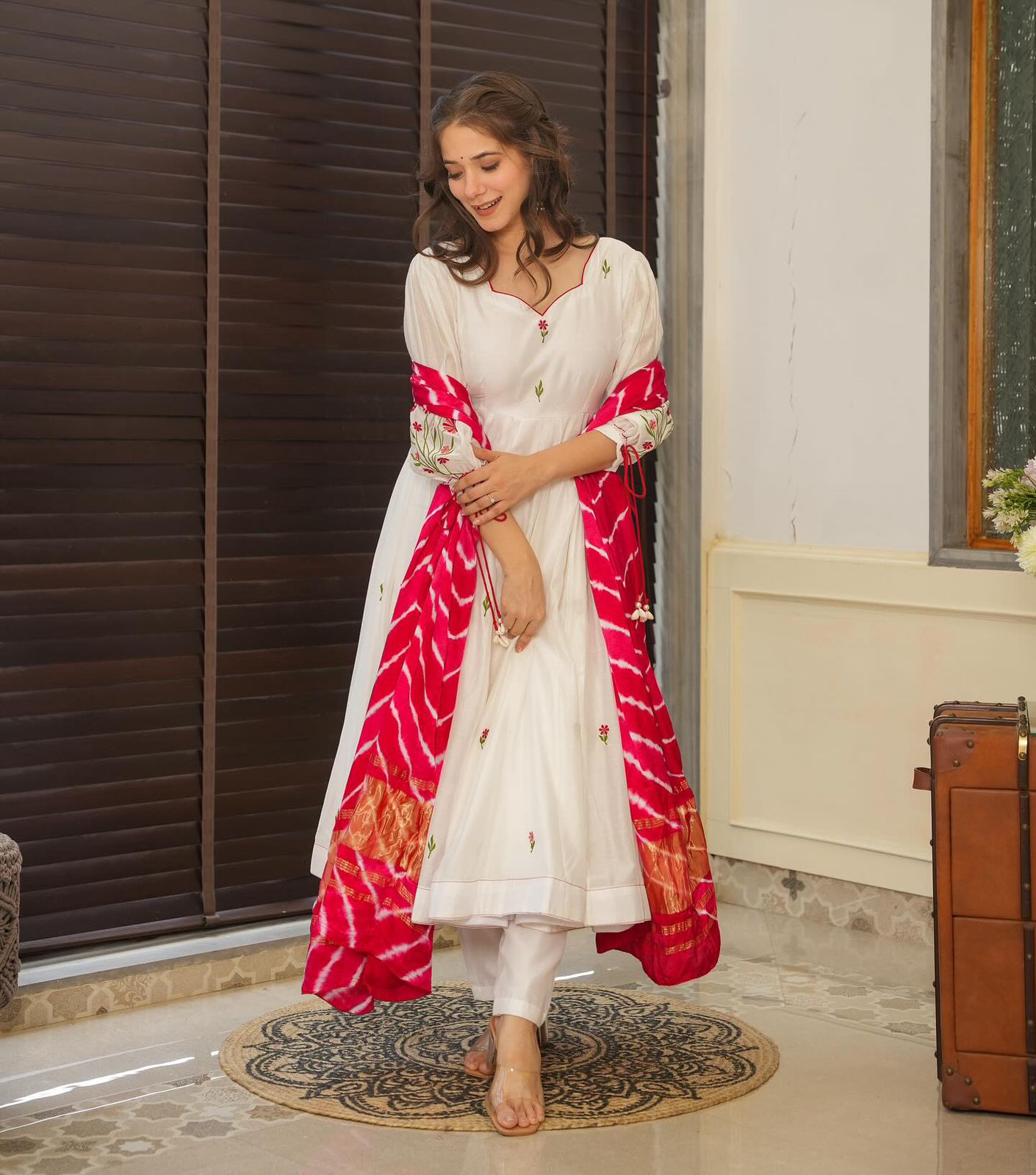 Engagement Wear White Color Embroidery Work Butta Georgette With Huge Flair Anarkali Suit