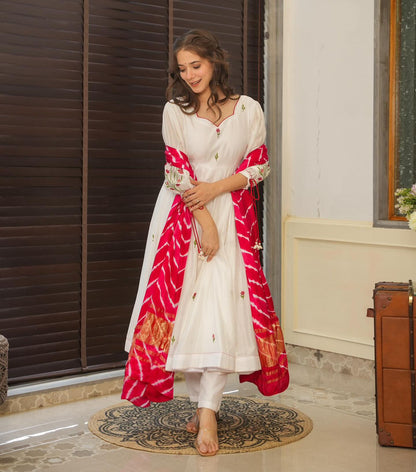 Engagement Wear White Color Embroidery Work Butta Georgette With Huge Flair Anarkali Suit