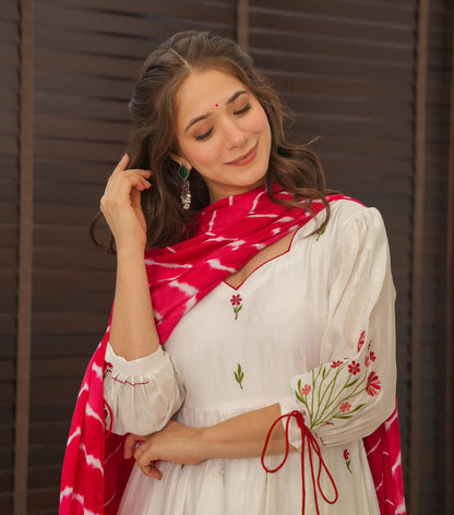 Engagement Wear White Color Embroidery Work Butta Georgette With Huge Flair Anarkali Suit