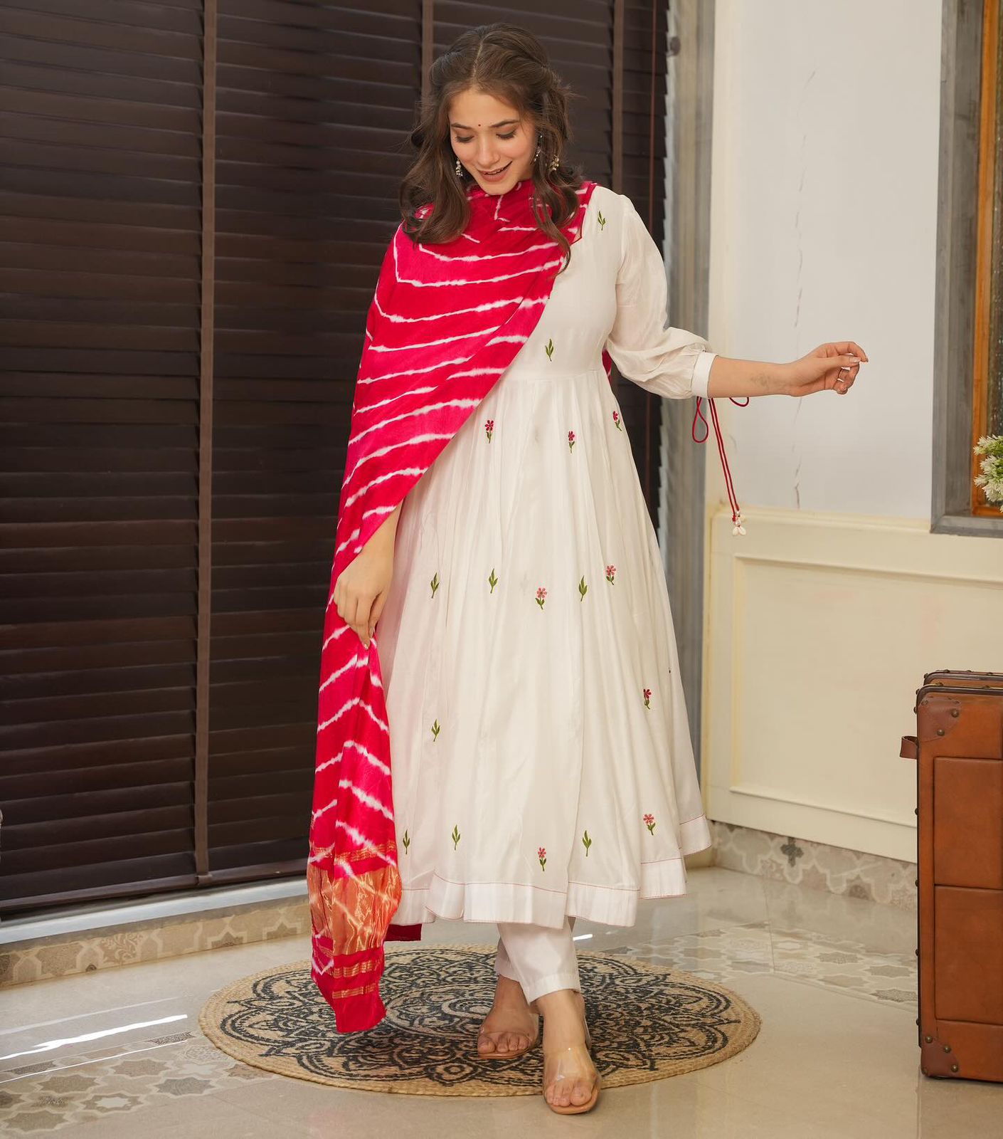 Engagement Wear White Color Embroidery Work Butta Georgette With Huge Flair Anarkali Suit
