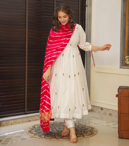 Engagement Wear White Color Embroidery Work Butta Georgette With Huge Flair Anarkali Suit