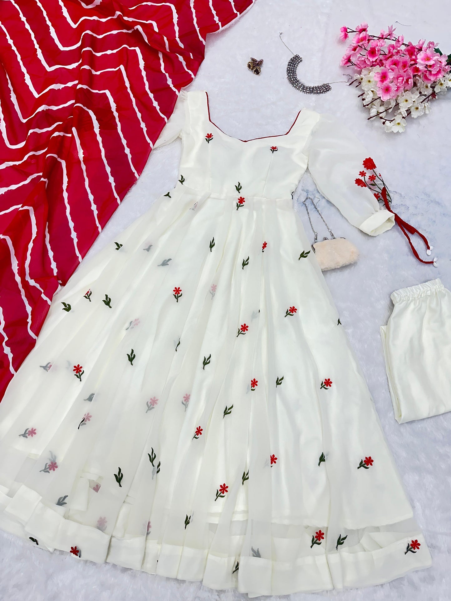 Engagement Wear White Color Embroidery Work Butta Georgette With Huge Flair Anarkali Suit