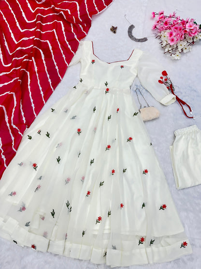 Engagement Wear White Color Embroidery Work Butta Georgette With Huge Flair Anarkali Suit