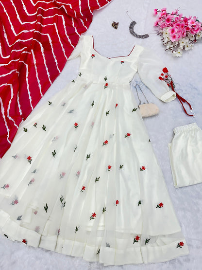 Engagement Wear White Color Embroidery Work Butta Georgette With Huge Flair Anarkali Suit