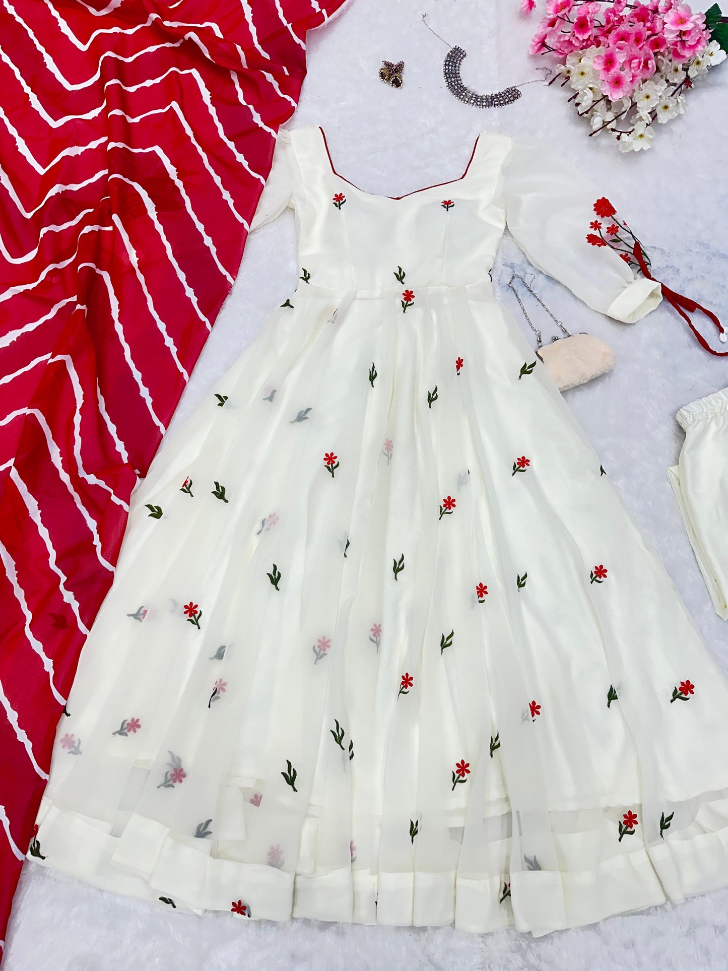 Engagement Wear White Color Embroidery Work Butta Georgette With Huge Flair Anarkali Suit