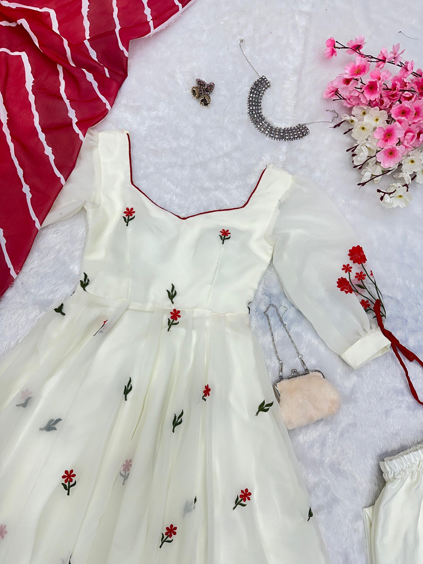 Engagement Wear White Color Embroidery Work Butta Georgette With Huge Flair Anarkali Suit