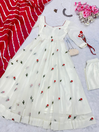 Engagement Wear White Color Embroidery Work Butta Georgette With Huge Flair Anarkali Suit