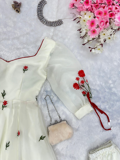 Engagement Wear White Color Embroidery Work Butta Georgette With Huge Flair Anarkali Suit