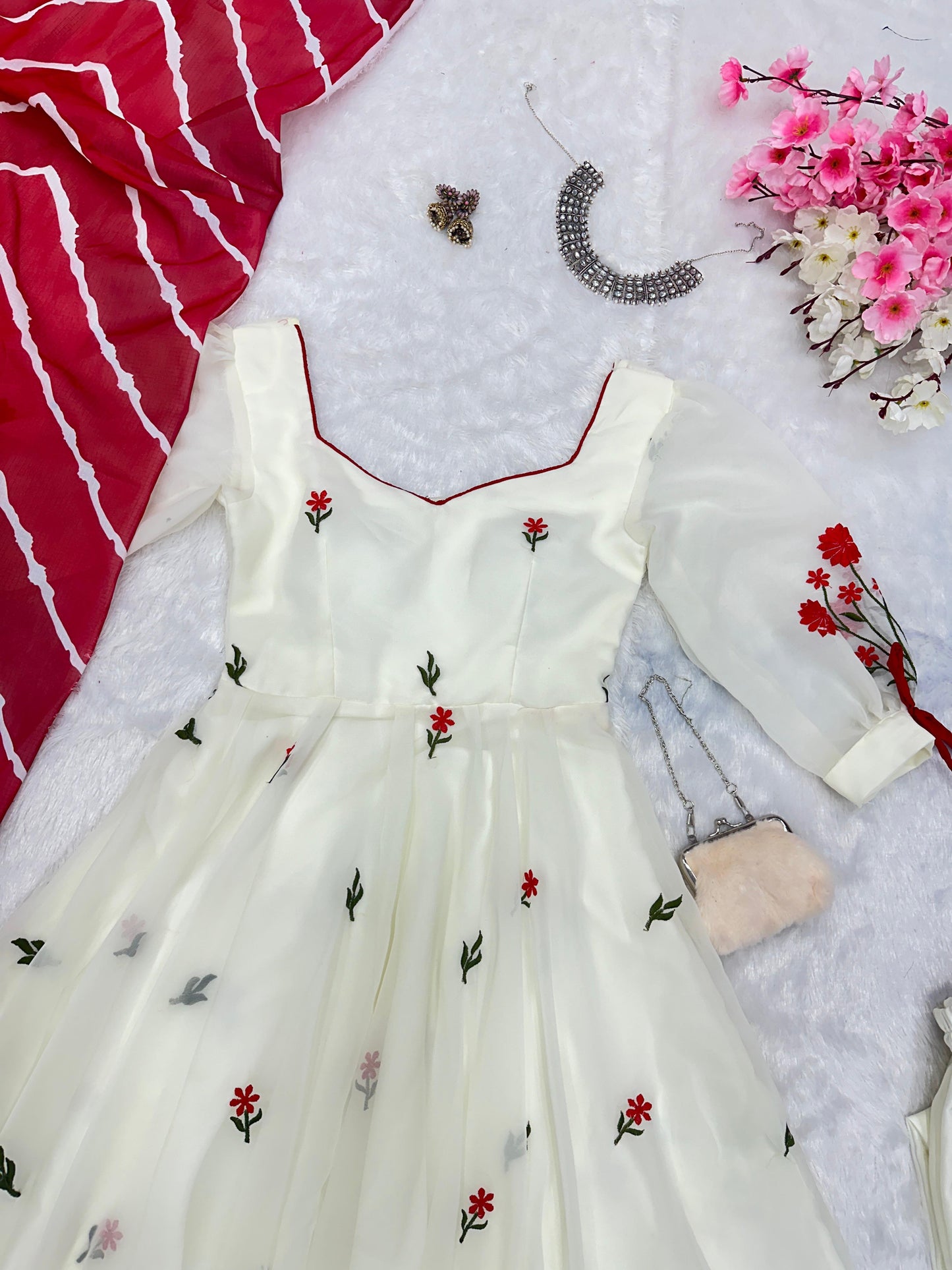 Engagement Wear White Color Embroidery Work Butta Georgette With Huge Flair Anarkali Suit