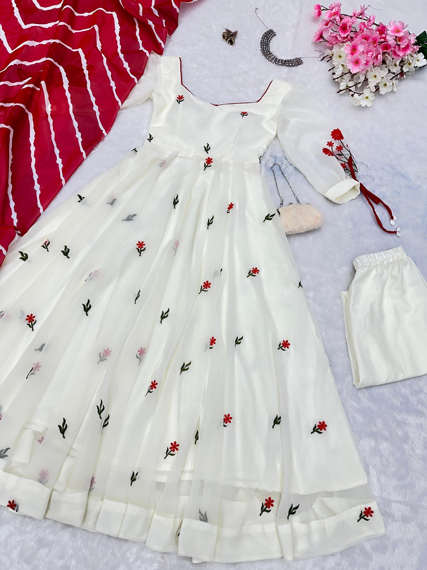 Engagement Wear White Color Embroidery Work Butta Georgette With Huge Flair Anarkali Suit