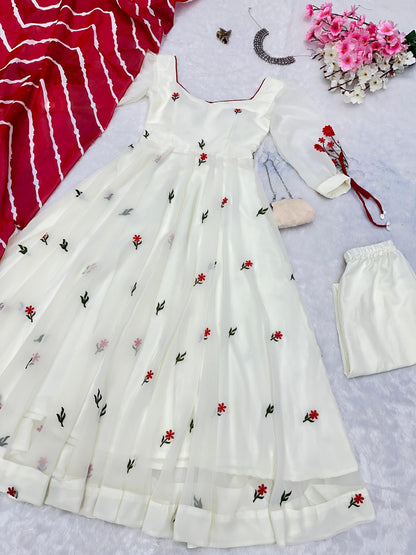 Engagement Wear White Color Embroidery Work Butta Georgette With Huge Flair Anarkali Suit
