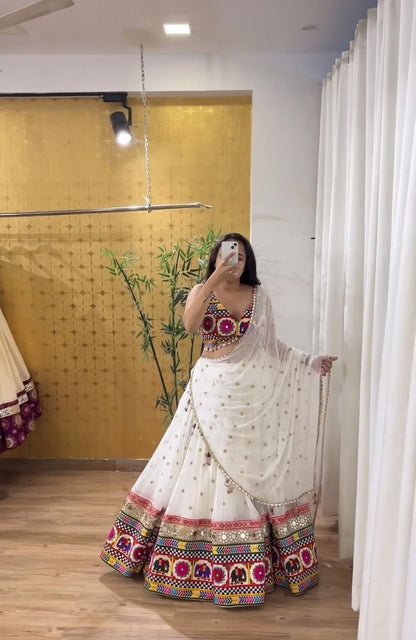 Traditional Wear White Color Georgette Heavy Gamthi Work Navratri Lehenga Choli
