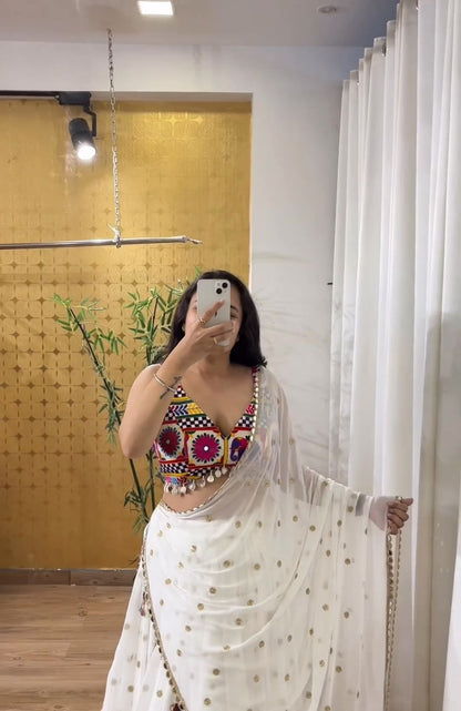 Traditional Wear White Color Georgette Heavy Gamthi Work Navratri Lehenga Choli