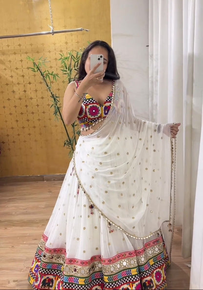 Traditional Wear White Color Georgette Heavy Gamthi Work Navratri Lehenga Choli