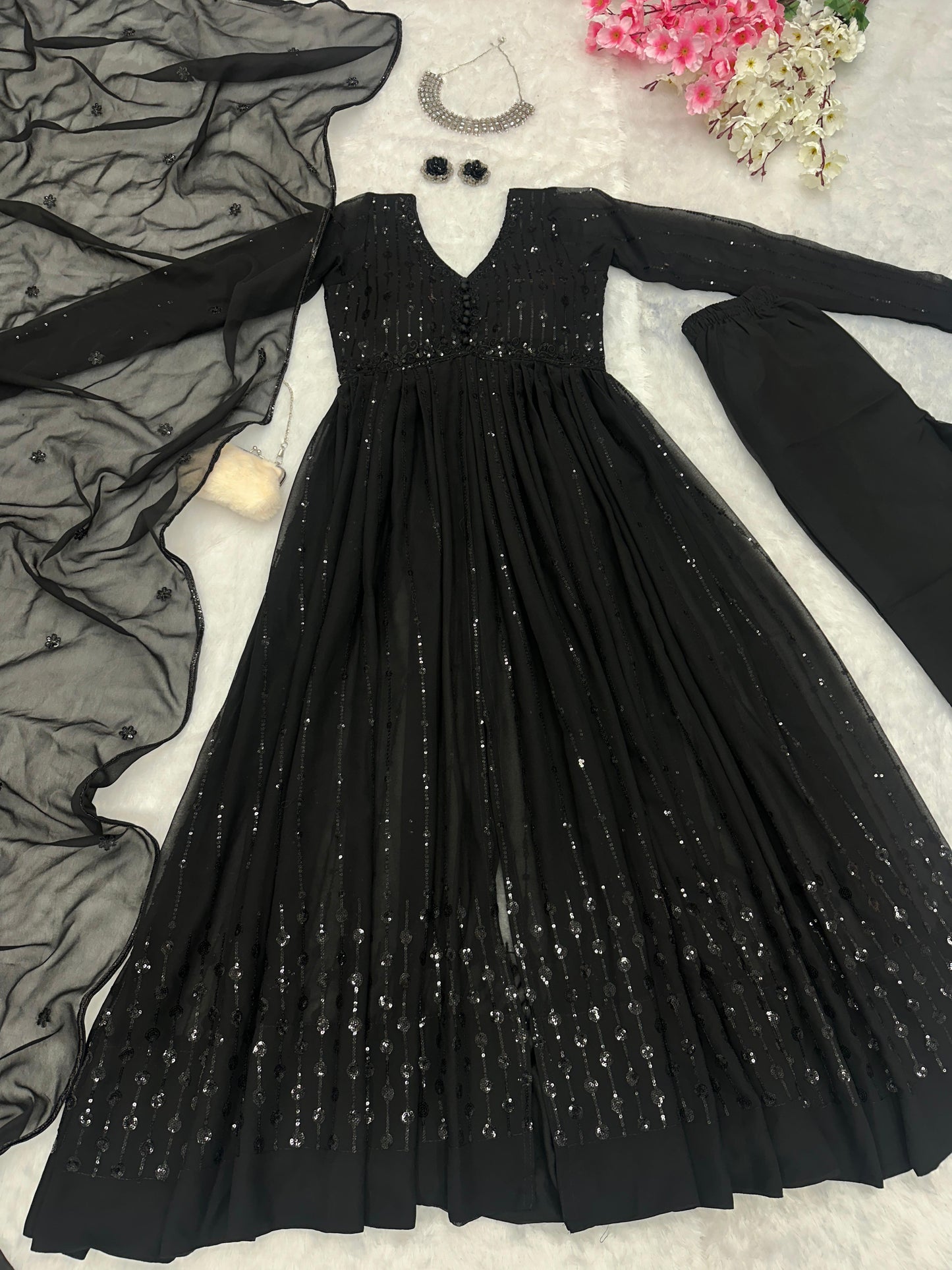Party Wear Black Color Pure Georgette With Embroidery Sequins Work Designer Anarkali Suit