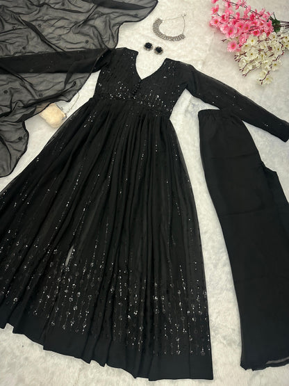 Party Wear Black Color Pure Georgette With Embroidery Sequins Work Designer Anarkali Suit