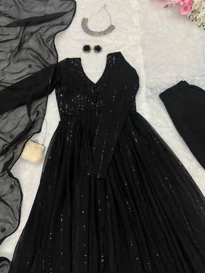 Party Wear Black Color Pure Georgette With Embroidery Sequins Work Designer Anarkali Suit