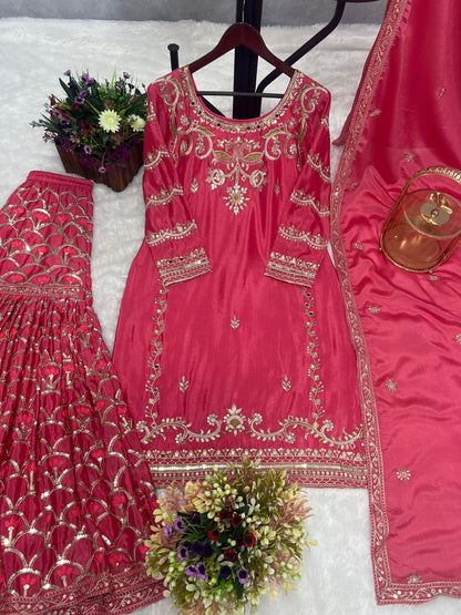 Beautiful Full Sequence With Mirror Work Pink Sharara Suit