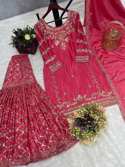 Beautiful Full Sequence With Mirror Work Pink Sharara Suit