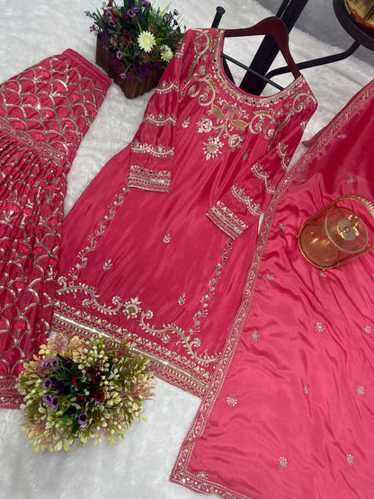 Beautiful Full Sequence With Mirror Work Pink Sharara Suit