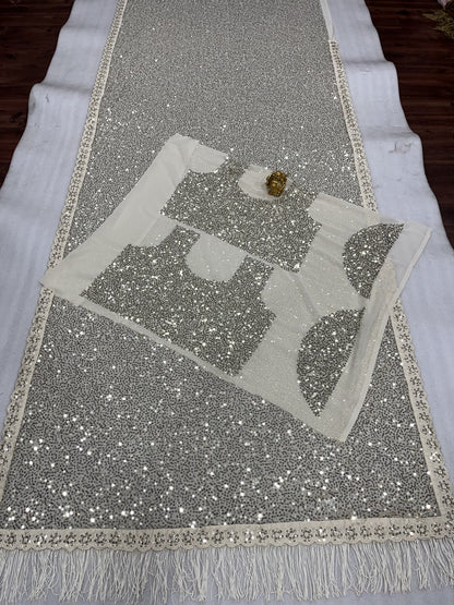 Deepika Padukon Wear Off White Georgette With Heavy 5mm Khichdi Sequence Embroidery Work Bollywood Saree