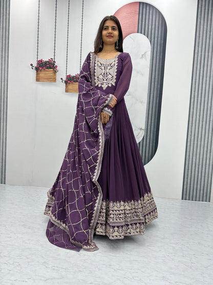 Wedding Wear Purple Color Heavy Embroidery Sequence Coding Work Anarkali Gown
