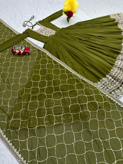 Party Wear Green Color Heavy Embroidery Sequence Coding Work Anarkali Gown