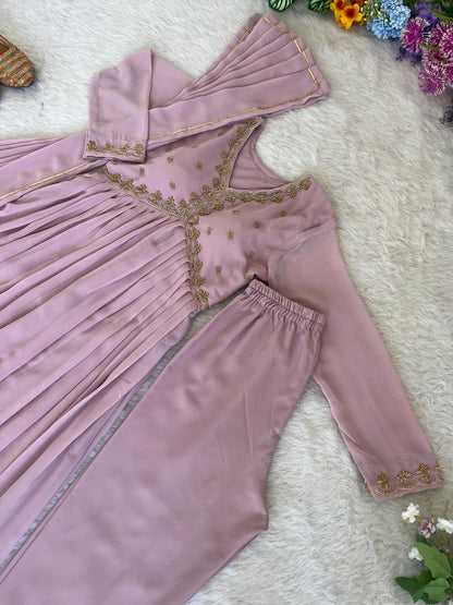 Delightful Dusty Peach Color Georgette With Hand Work Party Wear Gown