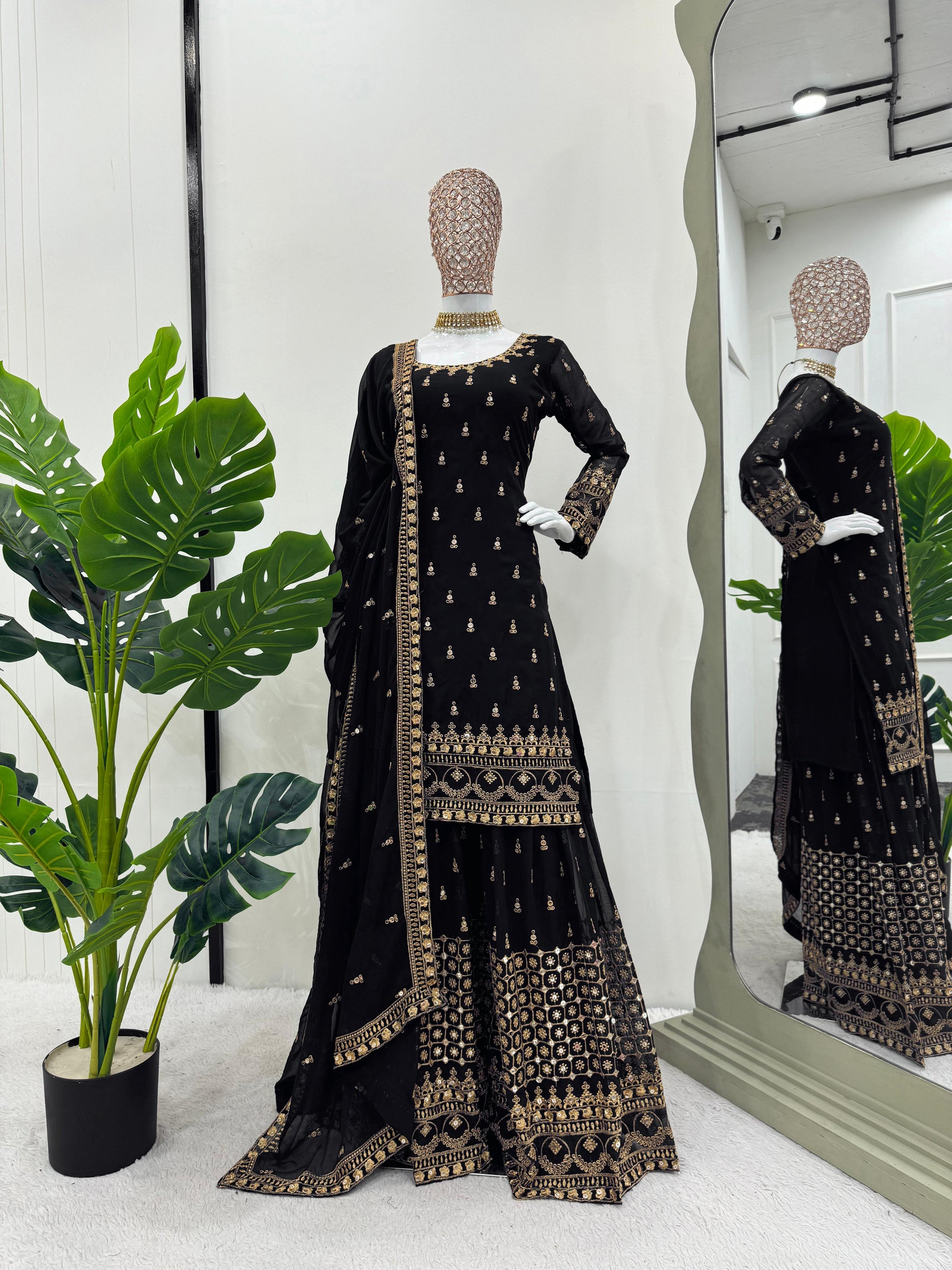Thread With Sequence Work Black Color Delightful Sharara Suit