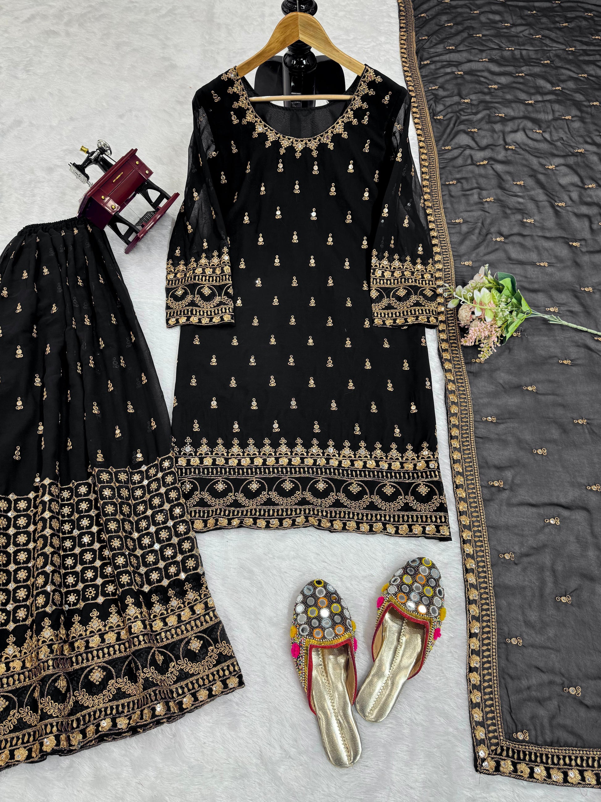 Thread With Sequence Work Black Color Delightful Sharara Suit