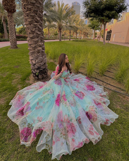Engagement Wear Sky Green Color Pure Organza Silk Floral Printed Lehenga Choli