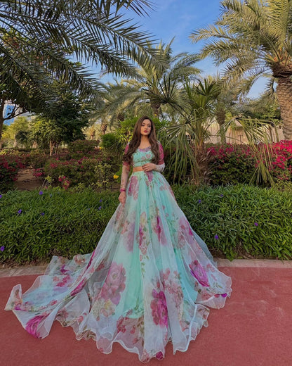 Engagement Wear Sky Green Color Pure Organza Silk Floral Printed Lehenga Choli
