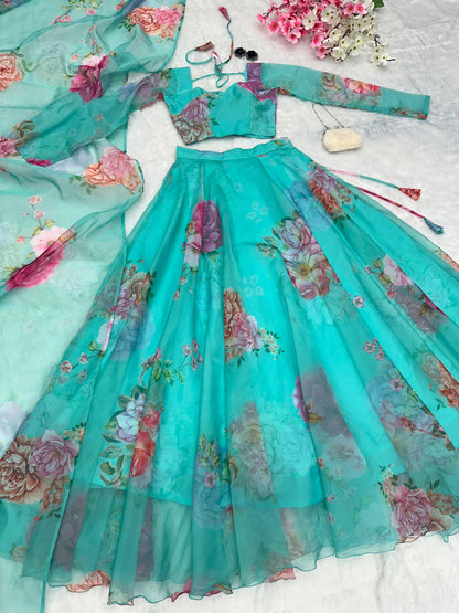 Engagement Wear Sky Green Color Pure Organza Silk Floral Printed Lehenga Choli