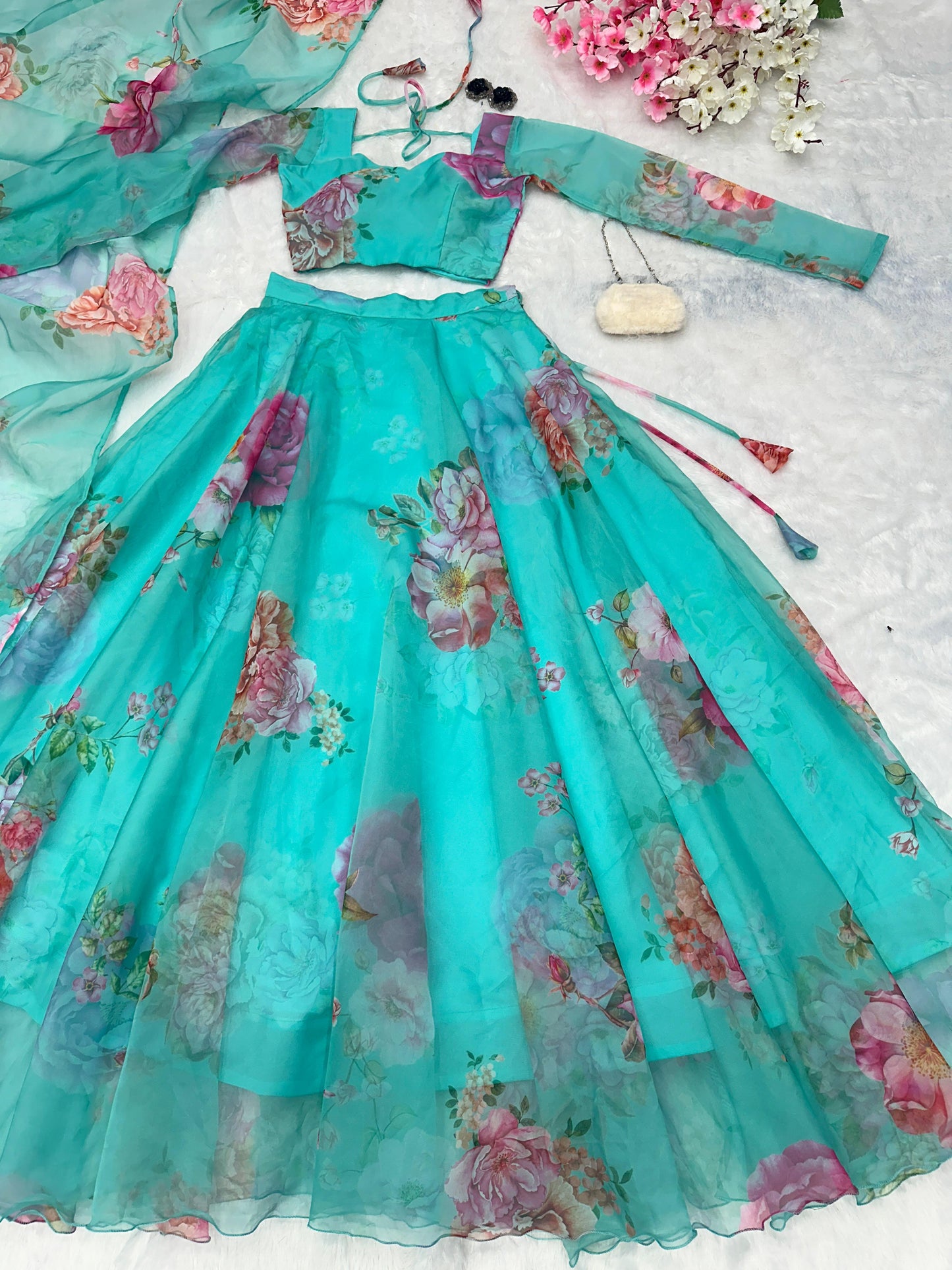 Engagement Wear Sky Green Color Pure Organza Silk Floral Printed Lehenga Choli