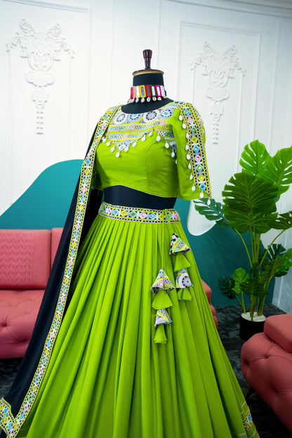 Glimmering Green Color Rayon Real Mirror With Codi Work Designer Lehenga Choli