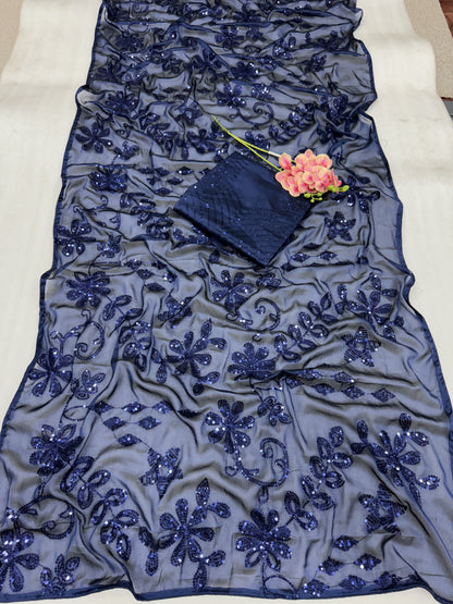 Party Wear Heavy Rangoli Silk 5mm Sequence Work Blue Color Saree