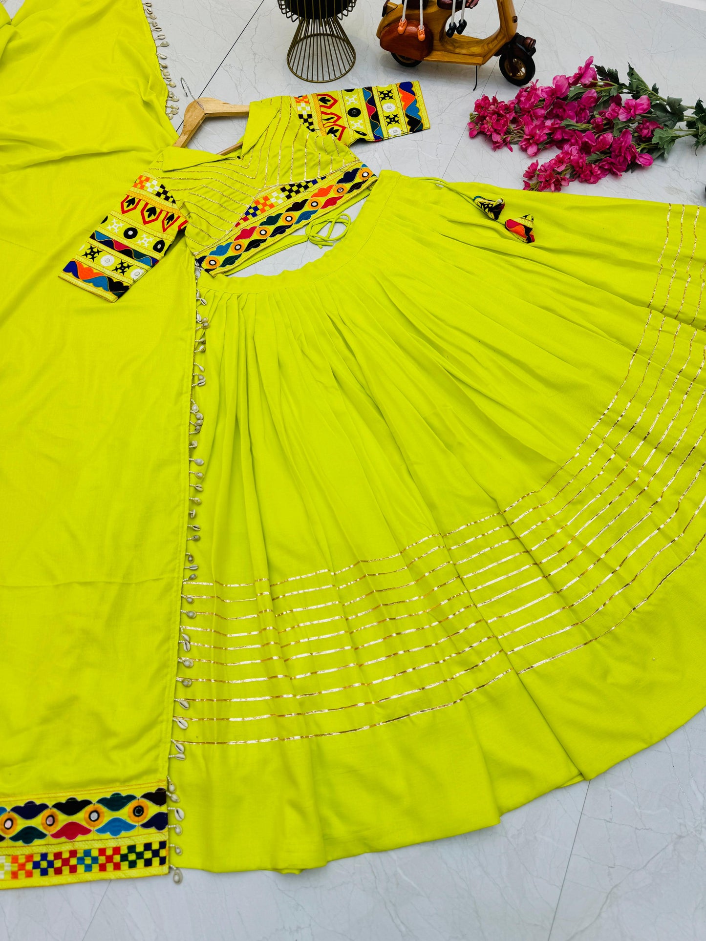 Garba Wear Parrot Green Color Cotton Embroidery With Mirror Work Designer Lehenga Choli