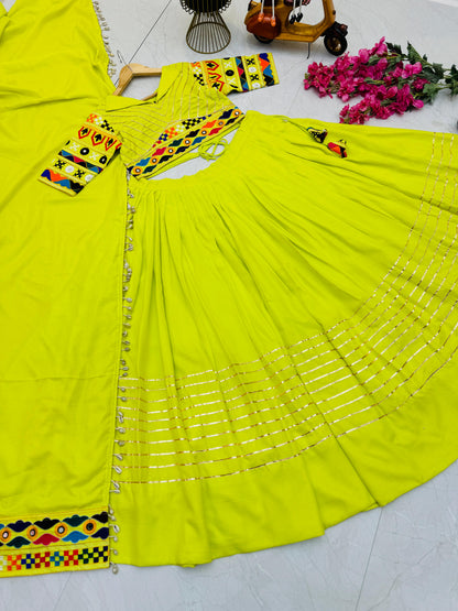 Garba Wear Parrot Green Color Cotton Embroidery With Mirror Work Designer Lehenga Choli
